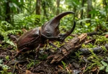 Como o poderoso besouro-rinoceronte atua como reciclador biológico vital para a saúde do solo nas florestas tropicais