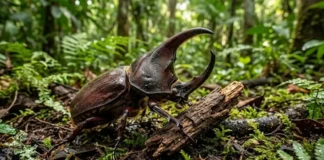 Como o poderoso besouro-rinoceronte atua como reciclador biológico vital para a saúde do solo nas florestas tropicais