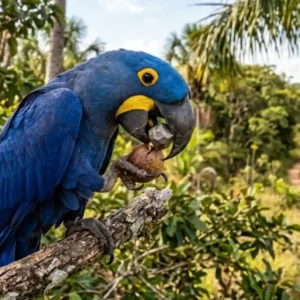 Como a arara-azul-grande utiliza ferramentas de pedra para quebrar os cocos de bocaiúva na vegetação do Pantanal