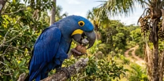 Como a arara-azul-grande utiliza ferramentas de pedra para quebrar os cocos de bocaiúva na vegetação do Pantanal