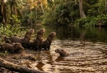 Como a complexa comunicação vocal das ariranhas organiza táticas de defesa coletiva contra grandes jacarés nos rios da Amazônia