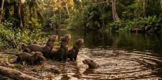 Como a complexa comunicação vocal das ariranhas organiza táticas de defesa coletiva contra grandes jacarés nos rios da Amazônia