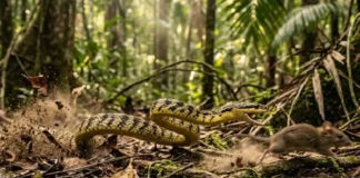 Como a cobra caninana, a mais rápida do Brasil, utiliza sua velocidade para caçar ratos e lagartos, surpreendendo moradores da zona rural amazônica
