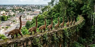 Como o quati se adaptou aos centros urbanos formando grupos organizados que vasculham lixeiras na periferia da Amazônia