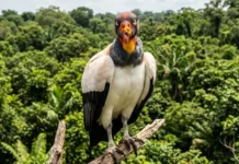 Saiba como o tamanho imponente e a crista vibrante do urubu-rei definem a hierarquia de carniceiros na Amazônia