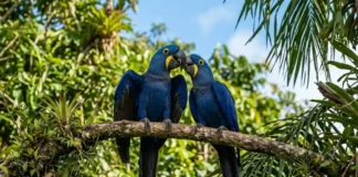 Conheça a complexa vida social da arara-azul-grande que forma casais para sempre e educa seus filhotes na Amazônia