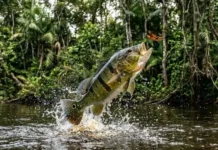 Entenda como a visão especializada do tucunaré compensa a refração da água para caçar insetos em pleno voo nos rios da Amazônia