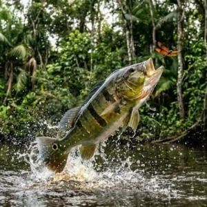 Entenda como a visão especializada do tucunaré compensa a refração da água para caçar insetos em pleno voo nos rios da Amazônia