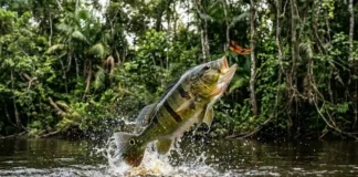 Entenda como a visão especializada do tucunaré compensa a refração da água para caçar insetos em pleno voo nos rios da Amazônia