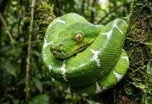 Como a fascinante cobra-papagaio utiliza a camuflagem perfeita para reinar nas copas das árvores da Floresta Amazônica