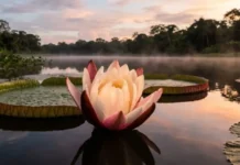 O raro mecanismo biológico da vitória-régia que eleva sua própria temperatura para atrair insetos na escuridão amazônica Flor de vitória-régia gigante em primeiro plano abrindo as pétalas brancas e rosadas sobre as águas escuras de um lago amazônico ao entardecer. Ao fundo, uma fina camada de névoa flutua sobre a água espelhada, com a silhueta densa da floresta tropical sob um céu com nuvens tingidas de tons suaves de rosa e dourado