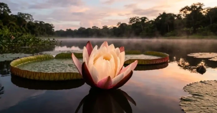 Flor de vitória-régia gigante em primeiro plano abrindo as pétalas brancas e rosadas sobre as águas escuras de um lago amazônico ao entardecer. Ao fundo, uma fina camada de névoa flutua sobre a água espelhada, com a silhueta densa da floresta tropical sob um céu com nuvens tingidas de tons suaves de rosa e dourado