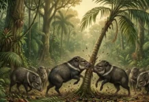 Bandos coordenados de caititus unem forças e utilizam técnicas de impacto corporal para derrubar palmeiras jovens na Amazônia