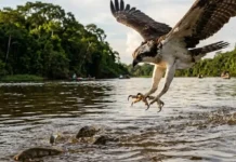 Como a águia pescadora ajusta suas garras reversíveis em pleno mergulho para capturar peixes nos rios amazônicos