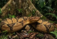 Como a enigmática surucucu-de-fogo amazônica desafia a ciência ao usar mimetismo térmico e biológico para sobreviver na floresta