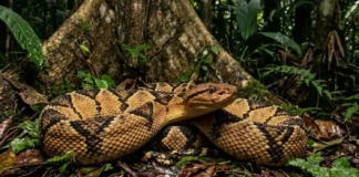 Como a enigmática surucucu-de-fogo amazônica desafia a ciência ao usar mimetismo térmico e biológico para sobreviver na floresta