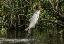 Como o peixe matrinxã salta fora d’água na Amazônia para alcançar frutos e sementes nas árvores das florestas alagadas