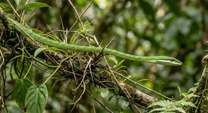 Novo Projeto - 2026-06-20T101959.726 A estratégia invisível da cobra-cipó e como o dossel amazônico esconde o predador mais silencioso da floresta densa
