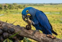 Como a arara-azul-grande usa folhas e pedaços de madeira para abrir os cocos mais duros do Pantanal