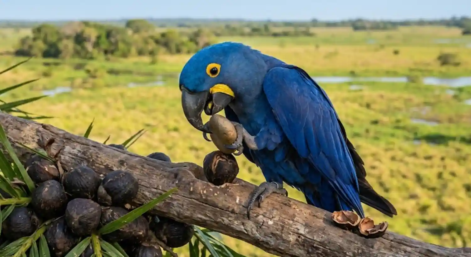 Como a arara-azul-grande usa folhas e pedaços de madeira para abrir os cocos mais duros do Pantanal