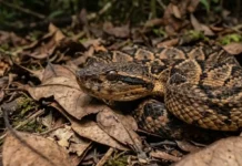 Como a temida surucucu de fogo utiliza camuflagem de folhas secas para se tornar invisível no chão da floresta
