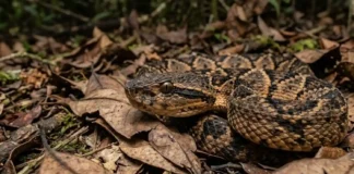 Como a temida surucucu de fogo utiliza camuflagem de folhas secas para se tornar invisível no chão da floresta Como a temida surucucu de fogo utiliza camuflagem de folhas secas para se tornar invisível no chão da floresta