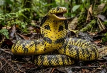 Como a temida cobra caninana infla o pescoço e vibra a cauda imitando uma cascavel perigosa na Amazônia