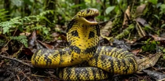 Como a temida cobra caninana infla o pescoço e vibra a cauda imitando uma cascavel perigosa na Amazônia