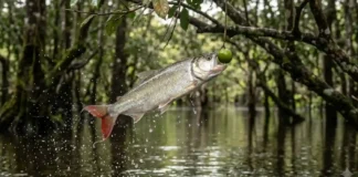 Matrinxã realiza saltos acrobáticos de dois metros para capturar sementes e frutos nas copas das florestas alagadas da Amazônia Matrinxã realiza saltos acrobáticos de dois metros para capturar sementes e frutos nas copas das florestas alagadas da Amazônia