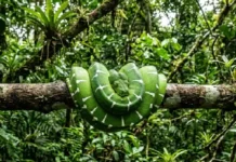 Serpente amazônica nasce com tom laranja vibrante e sofre metamorfose radical para virar verde esmeralda