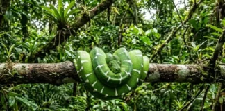 Serpente amazônica nasce com tom laranja vibrante e sofre metamorfose radical para virar verde esmeralda Serpente amazônica nasce com tom laranja vibrante e sofre metamorfose radical para virar verde esmeralda