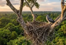 Gavião-real mantém fidelidade a território e reforma o mesmo ninho por décadas no topo da Amazônia