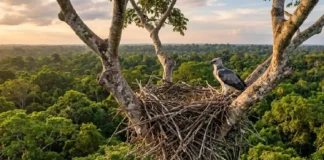 Gavião-real mantém fidelidade a território e reforma o mesmo ninho por décadas no topo da Amazônia