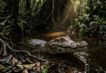 Como o pequeno jacaré-anão utiliza seu tamanho reduzido e carapaça blindada para dominar os igarapés estreitos e densos da Amazônia