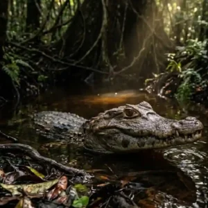 Como o pequeno jacaré-anão utiliza seu tamanho reduzido e carapaça blindada para dominar os igarapés estreitos e densos da Amazônia