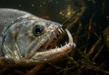 Como a formidável cachorra-facão utiliza dentes desproporcionalmente grandes para capturar presas robustas nos rios escuros da Amazônia