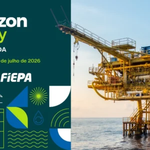 Amazon Energy 2026 debate o futuro energético da Amazônia em Belém Arte do evento Amazon Energy 2026, da FIEPA, com plataforma de petróleo offshore