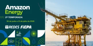 Amazon Energy 2026 debate o futuro energético da Amazônia em Belém Arte do evento Amazon Energy 2026, da FIEPA, com plataforma de petróleo offshore