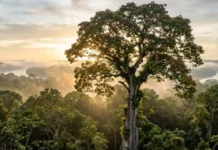 O segredo biológico da árvore que vale uma fortuna e o alerta sobre o mito que envolve sua proibição definitiva Esta fotografia aérea de estilo documental captura a imponência da Swietenia macrophylla (mogno-brasileiro) como uma árvore emergente que domina o dossel da floresta amazônica. A composição cinematográfica utiliza uma iluminação de fundo (backlight) proveniente do sol nascente, que atravessa a névoa matinal e cria uma atmosfera etérea com raios de luz visíveis (crepuscular rays). A paleta de cores é dominada por tons ricos de verde-folha, marrons profundos do tronco texturizado e o dourado suave do amanhecer que reflete na névoa e nas águas do rio ao fundo. Tecnicamente, a imagem apresenta uma profundidade de campo que mantém a árvore central em foco nítido, revelando detalhes das bromélias e orquídeas que habitam seu tronco, enquanto o horizonte distante se dissipa suavemente na neblina, garantindo uma estética fotorrealista de alta fidelidade ideal para arquivos de história natural e SEO editorial