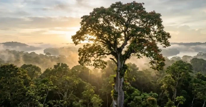 Esta fotografia aérea de estilo documental captura a imponência da Swietenia macrophylla (mogno-brasileiro) como uma árvore emergente que domina o dossel da floresta amazônica. A composição cinematográfica utiliza uma iluminação de fundo (backlight) proveniente do sol nascente, que atravessa a névoa matinal e cria uma atmosfera etérea com raios de luz visíveis (crepuscular rays). A paleta de cores é dominada por tons ricos de verde-folha, marrons profundos do tronco texturizado e o dourado suave do amanhecer que reflete na névoa e nas águas do rio ao fundo. Tecnicamente, a imagem apresenta uma profundidade de campo que mantém a árvore central em foco nítido, revelando detalhes das bromélias e orquídeas que habitam seu tronco, enquanto o horizonte distante se dissipa suavemente na neblina, garantindo uma estética fotorrealista de alta fidelidade ideal para arquivos de história natural e SEO editorial