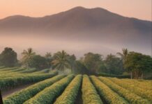 Regra antidesmatamento da UE pode barrar pequenos cafeicultores brasileiros Ilustração de cafezal ao amanhecer com montanhas ao fundo
