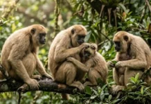 Um raro comportamento social escondido nas florestas brasileiras revela por que o maior primata das Américas evita conflitos violentos Uma fotografia de vida selvagem de padrão documental e apelo cinematográfico, capturando a interação pacífica de uma família de muriquis-do-norte (Brachyteles hypoxanthus) na canópia da Mata Atlântica. A composição utiliza uma perspectiva horizontal que preenche o quadro com a dinâmica social dos primatas, destacando o comportamento de afeição e cuidado mútuo (grooming). A luz suave da manhã penetra a densa folhagem, criando uma atmosfera etérea e minimizando sombras duras, o que acentua a textura sedosa e volumétrica da pelagem bege-clara dos animais. Capturada digitalmente com os parâmetros de uma lente telefoto premium, a imagem exibe uma profundidade de campo perfeitamente controlada, mantendo os espécimes em foco cirúrgico e isolados contra o fundo verdejante e texturizado por plantas epífitas. Renderizada em qualidade 8K UHD para preservar cada detalhe de expressão e ambiente