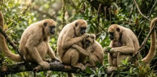 Um raro comportamento social escondido nas florestas brasileiras revela por que o maior primata das Américas evita conflitos violentos Uma fotografia de vida selvagem de padrão documental e apelo cinematográfico, capturando a interação pacífica de uma família de muriquis-do-norte (Brachyteles hypoxanthus) na canópia da Mata Atlântica. A composição utiliza uma perspectiva horizontal que preenche o quadro com a dinâmica social dos primatas, destacando o comportamento de afeição e cuidado mútuo (grooming). A luz suave da manhã penetra a densa folhagem, criando uma atmosfera etérea e minimizando sombras duras, o que acentua a textura sedosa e volumétrica da pelagem bege-clara dos animais. Capturada digitalmente com os parâmetros de uma lente telefoto premium, a imagem exibe uma profundidade de campo perfeitamente controlada, mantendo os espécimes em foco cirúrgico e isolados contra o fundo verdejante e texturizado por plantas epífitas. Renderizada em qualidade 8K UHD para preservar cada detalhe de expressão e ambiente