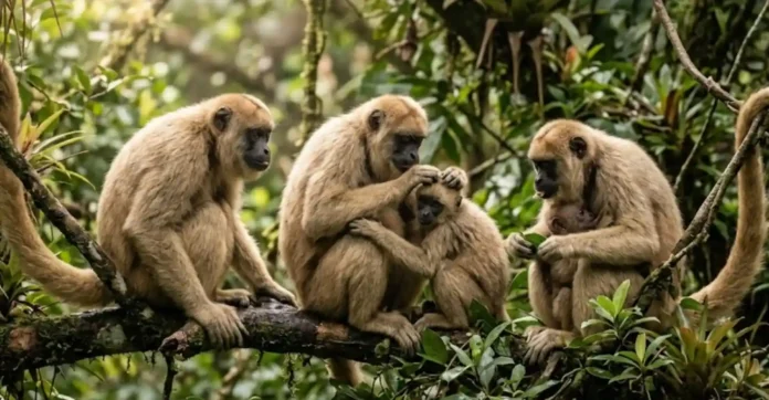 Uma fotografia de vida selvagem de padrão documental e apelo cinematográfico, capturando a interação pacífica de uma família de muriquis-do-norte (Brachyteles hypoxanthus) na canópia da Mata Atlântica. A composição utiliza uma perspectiva horizontal que preenche o quadro com a dinâmica social dos primatas, destacando o comportamento de afeição e cuidado mútuo (grooming). A luz suave da manhã penetra a densa folhagem, criando uma atmosfera etérea e minimizando sombras duras, o que acentua a textura sedosa e volumétrica da pelagem bege-clara dos animais. Capturada digitalmente com os parâmetros de uma lente telefoto premium, a imagem exibe uma profundidade de campo perfeitamente controlada, mantendo os espécimes em foco cirúrgico e isolados contra o fundo verdejante e texturizado por plantas epífitas. Renderizada em qualidade 8K UHD para preservar cada detalhe de expressão e ambiente