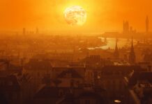 Calor recorde em Londres expõe o ‘novo normal’ do clima extremo Ilustração de cidade europeia sob forte onda de calor com sol intenso