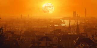 Calor recorde em Londres expõe o ‘novo normal’ do clima extremo Ilustração de cidade europeia sob forte onda de calor com sol intenso