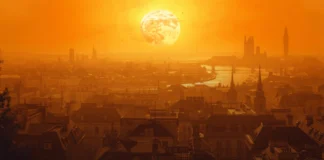 Calor recorde em Londres expõe o ‘novo normal’ do clima extremo Ilustração de cidade europeia sob forte onda de calor com sol intenso