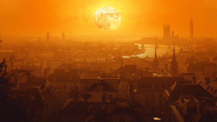 Ilustração de cidade europeia sob forte onda de calor com sol intenso Ilustração de cidade europeia sob forte onda de calor com sol intenso