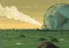 Guterres coloca o metano no centro da crise climática; entenda o impacto na Amazônia Ilustração conceitual de emissões de metano de gás, pecuária e aterro sob céu de mudança climática