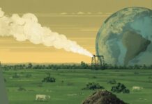 Guterres coloca o metano no centro da crise climática; entenda o impacto na Amazônia Ilustração conceitual de emissões de metano de gás, pecuária e aterro sob céu de mudança climática